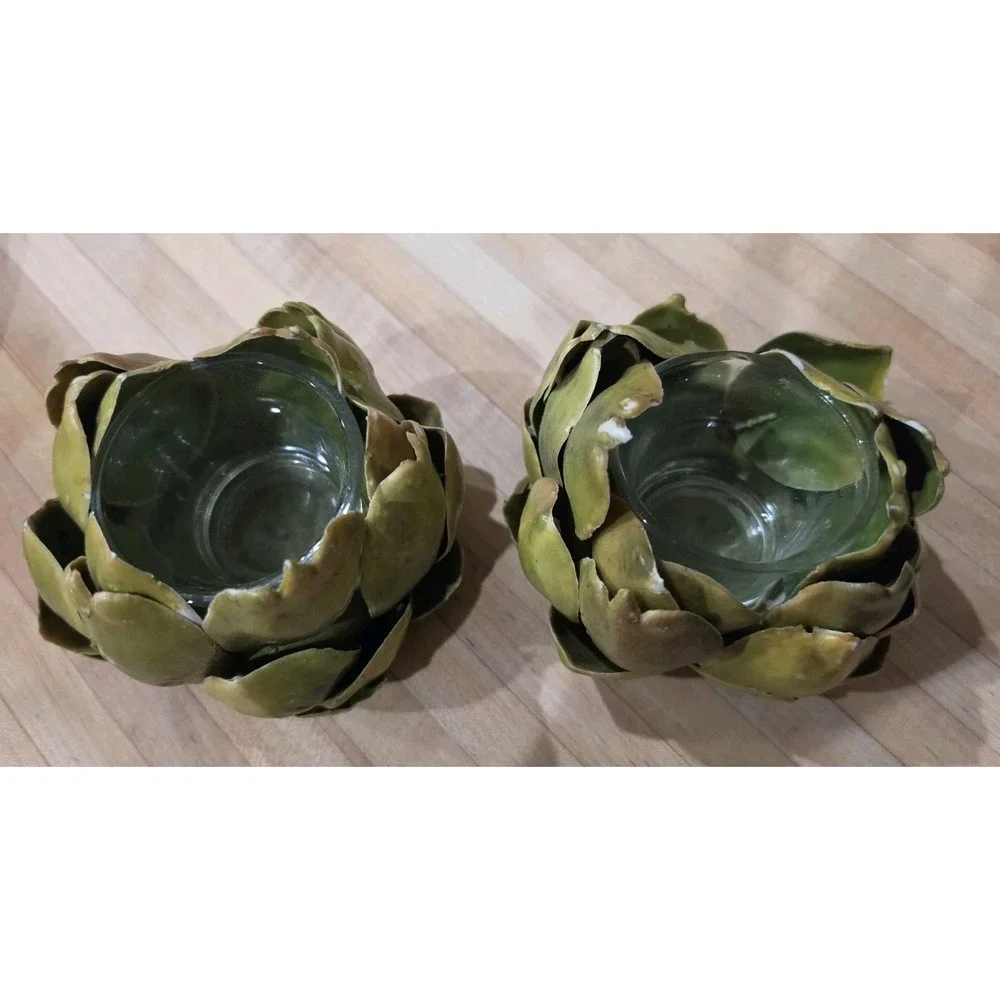 Set of 2 Green‎ Resin Artichoke Candle Holders Vegetable Goblincore Cottagecore